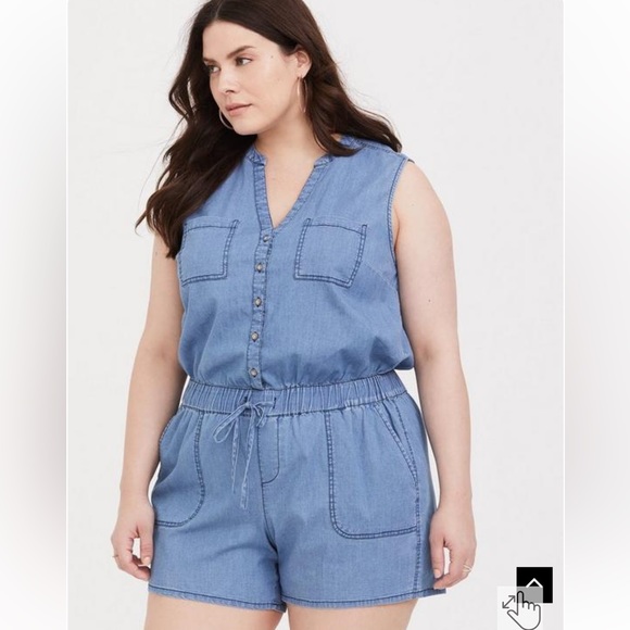 Torrid Drawstring Waist Romper - Medium Wash Chambray Denim Size 1 - Picture 2 of 13